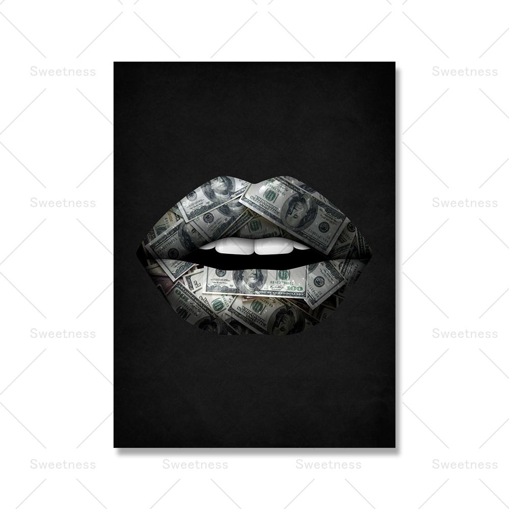 Modern Golden Lips Dollar Money Poster Print Wall Art Luxury Art Canvas Painting Abstract Pictures for Living Room Home Decor No Frame