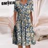 GMXIA 30 Color Pleated Midi Dress Short Sleeve Round Neck Loose Hem Mid-Calf Length Women Floral A-Line Party Dress Casual Wear