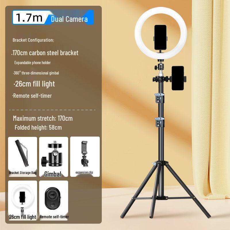 Dual Phone & DSLR Live Streaming Tripod with Multi-Camera Mount, Selfie Light, and Fill Lighting for Photography & Streaming