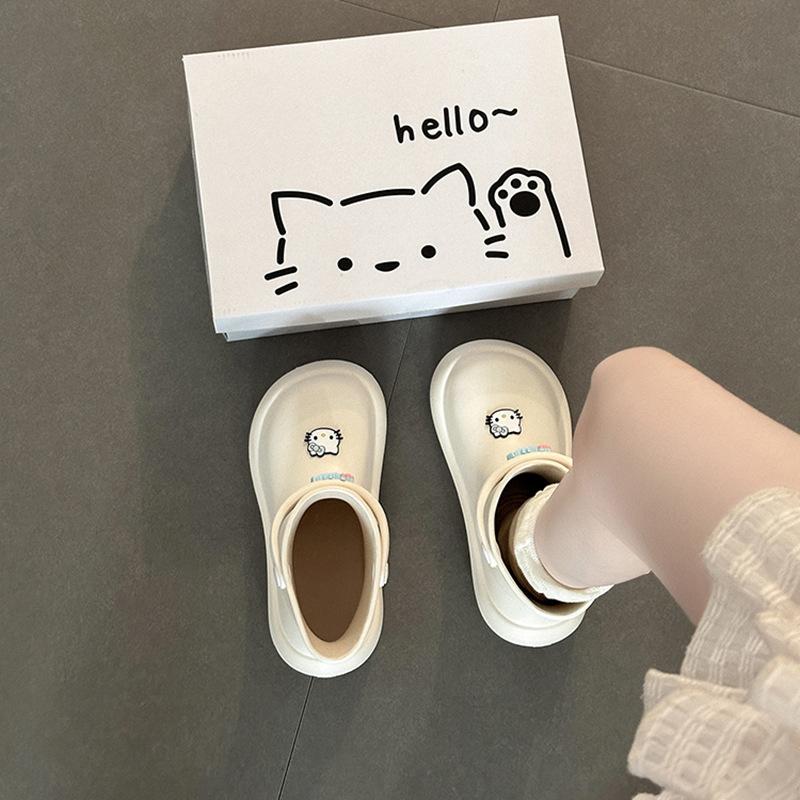 Cartoon solid color casual short boots Hello Kitty platform rain shoes women's summer fashion cute lazy one pedal rain boots