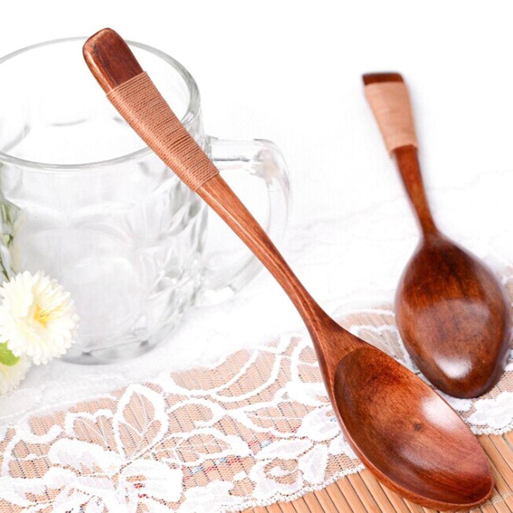 Kids Adults Eating Wooden with Tied Line Elegant Cutlery Soup Spoons Scoop Kitchen Utensil
