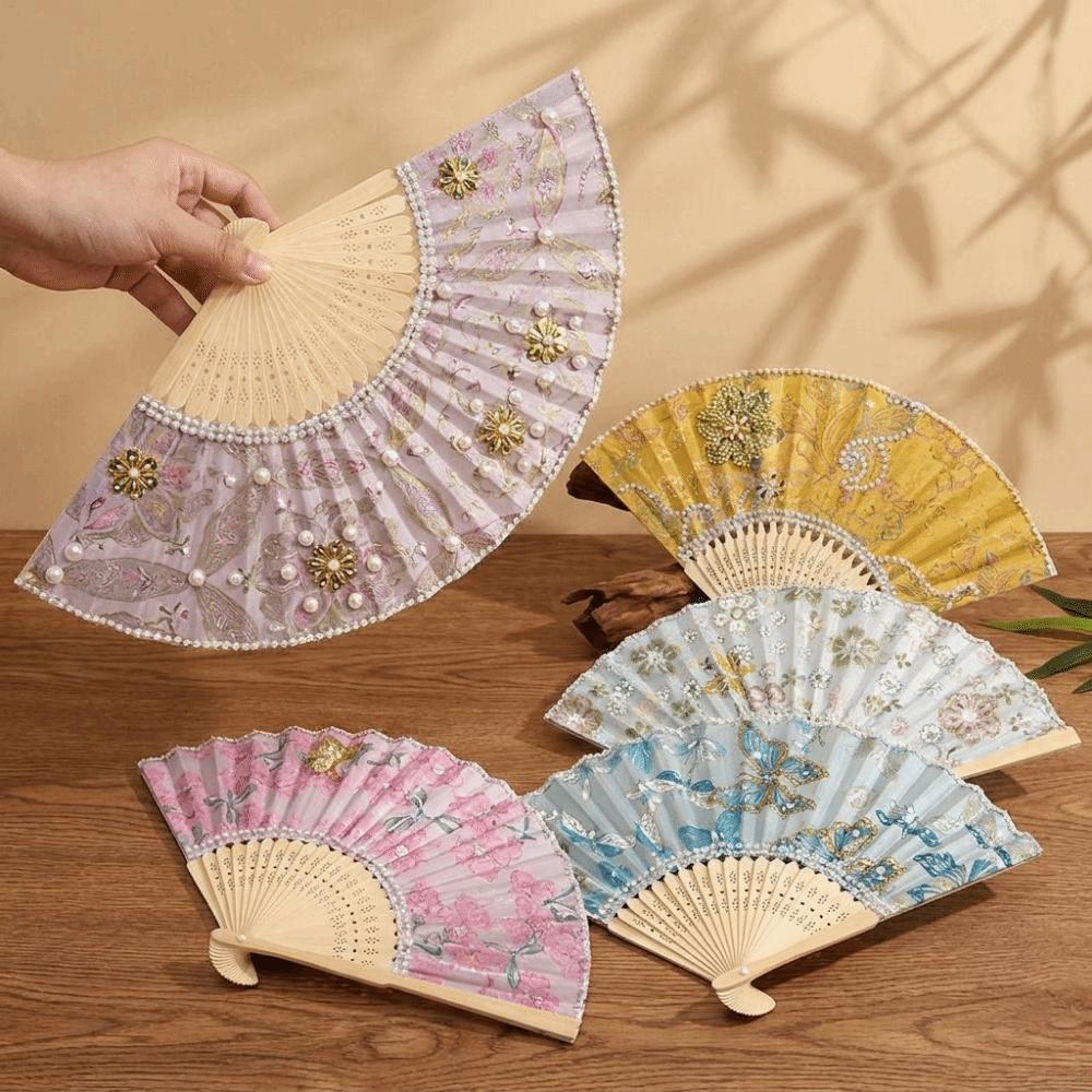 Traditional Pearl Folding Fan Butterfly Handmade Fan Elegant Floral Print Hand Fan  Home Ornament