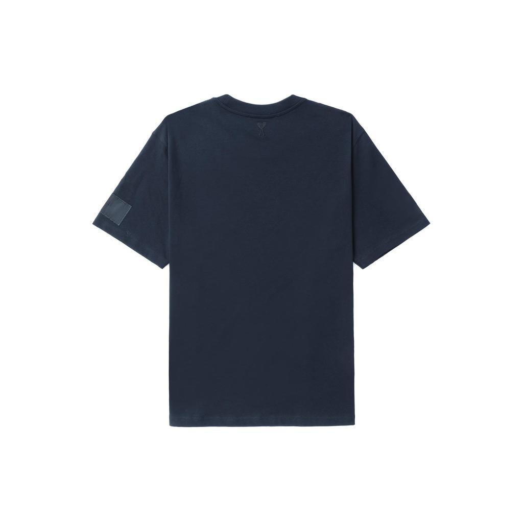 Amiparis Solid Color Label Casual Crew Neck Short Sleeve T-Shirt Unisex Tops Deep-Blue UTS017.726-2