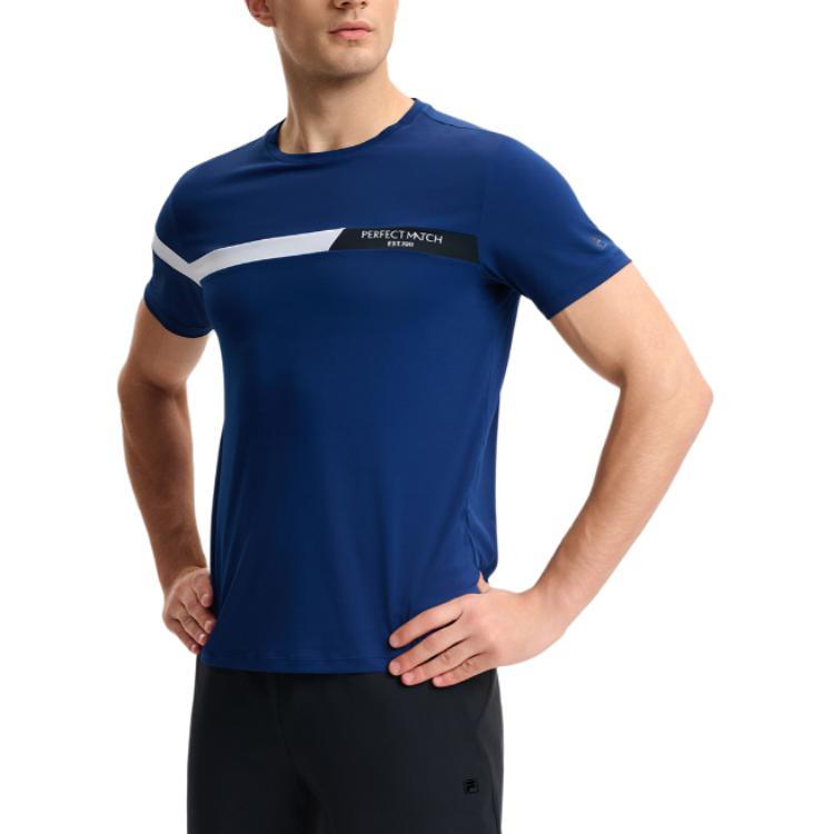 FILA Tennis Series Comfortable Knitted American Color Block Casual Short Sleeve T-Shirt Men Tops Star-Blue A11M513102F-DB