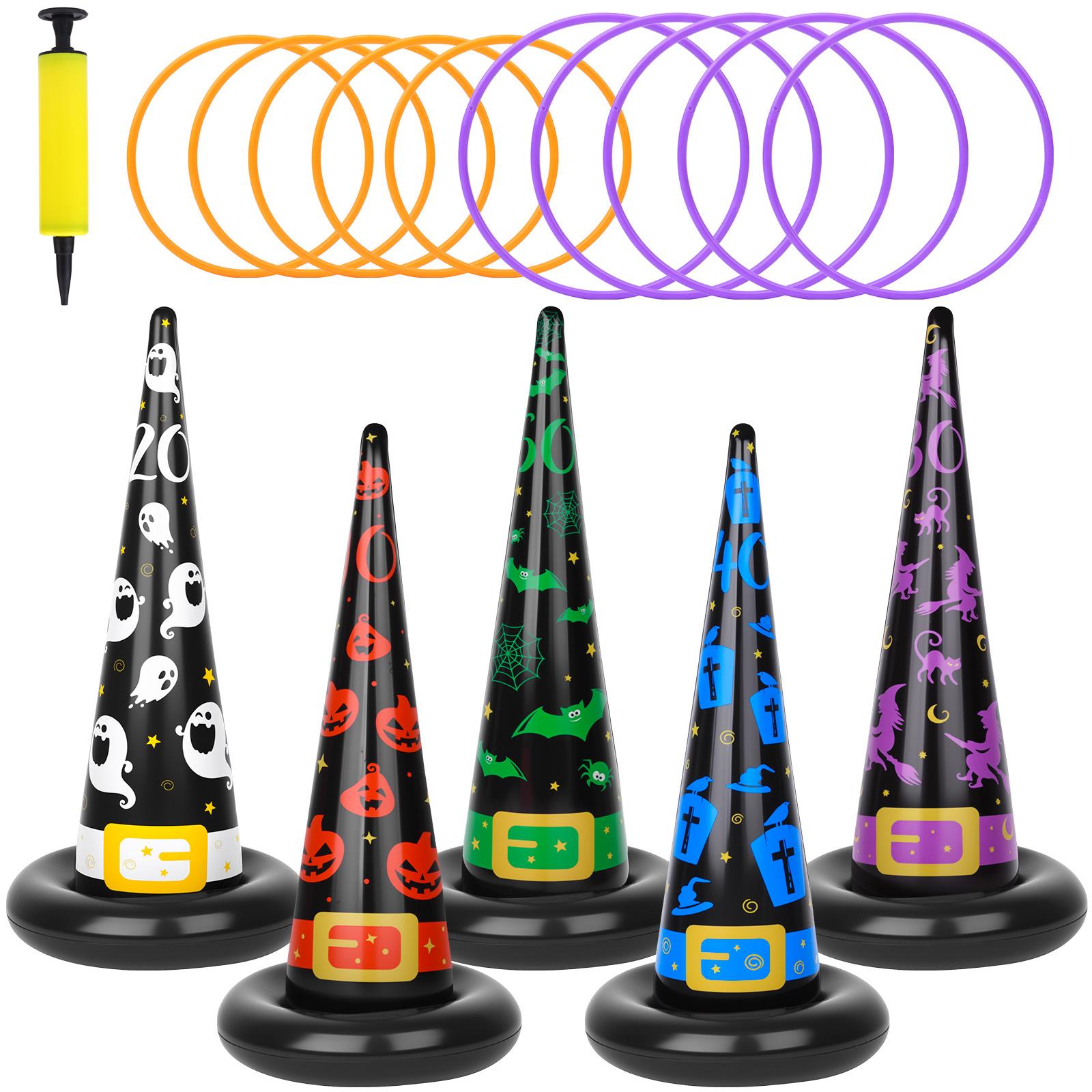 Halloween Ring Toss Game Trick Or Treat Set - 10 Pcs Halloween Inflatable Witch Hat With 20 Ring Toss, Inflatable Rings Toys Gif чёрный