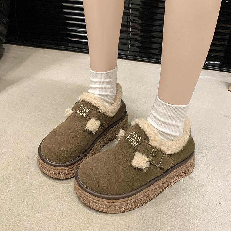 Fashion New Non-slip Winter Warm Short Plush Women's Shoes Outdoors Flat with 2024 Hot Sale Outdoors Buckle Round Head Ladies Shoes