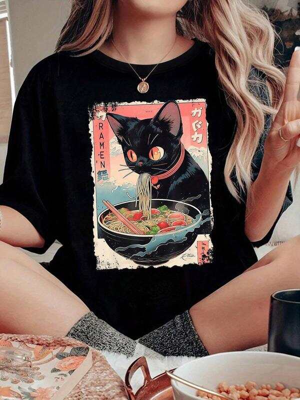 

Unisex S Cartoon Cat & Ramen Print Round Neck T-Shirt M