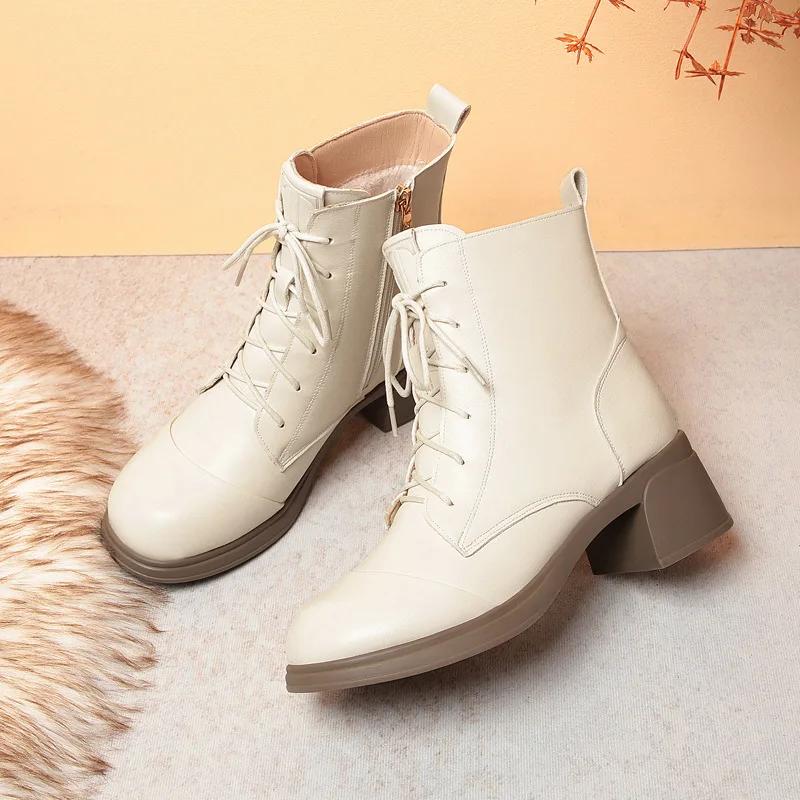 5.5cm British Style Soft Leather Boots Women Platform Shoes Fall Winter 2025 Med Block Heels Short Plush Warm Ankle Boots Office