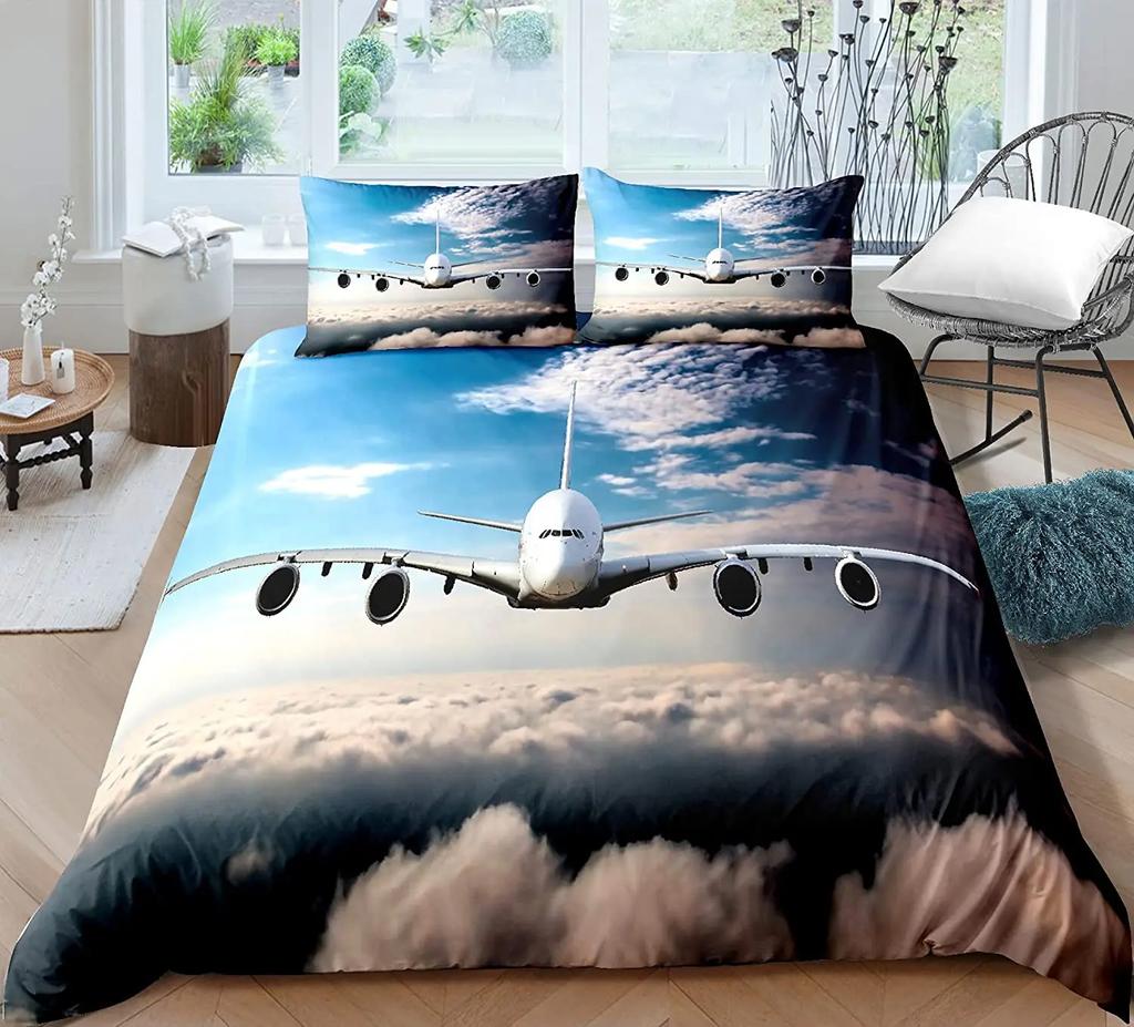 Comforter Airplane Sky Cloud Polyester Comforter For Kids Teens Adults Bedding Set King Queen Size With