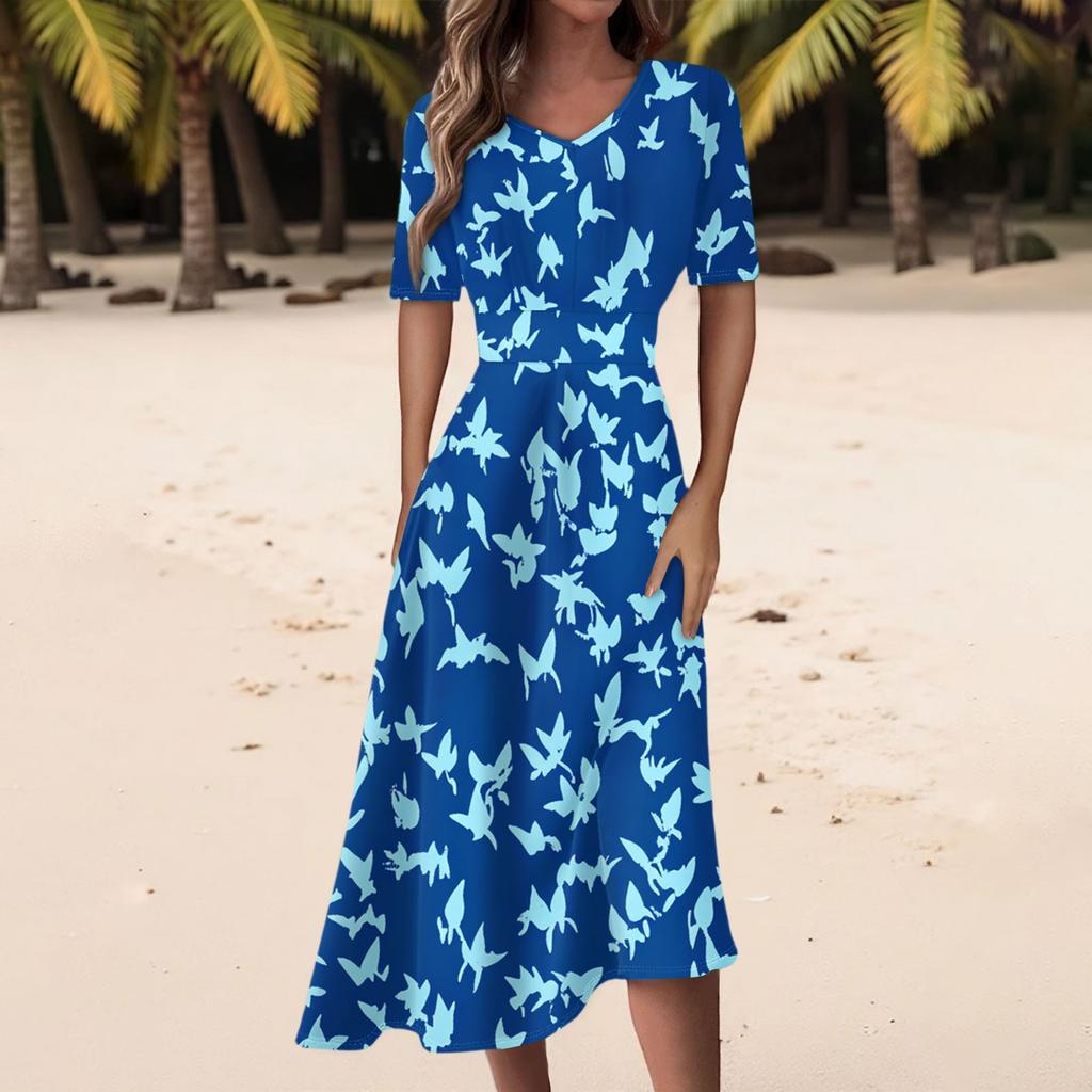 Damen Freizeitmode Kleid mit Blumendruck, V-Ausschnitt, kurzen Ärmeln und taillenlang