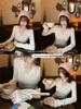 Women's V-Neck Lace White Long-Sleeve Slimming Layer Top (2026 Autumn/Winter)