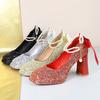 Shoes 2025 Pearl Chain Design Women Pumps Sequin Platform High Heels Square Head Thick Heeled Shoes with Women Heels