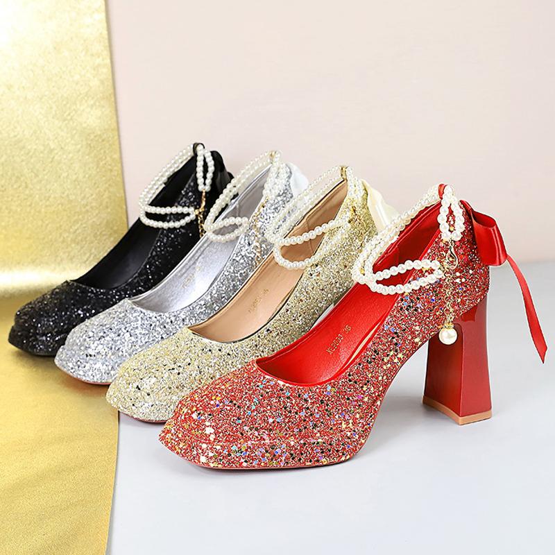 Shoes 2025 Pearl Chain Design Women Pumps Sequin Platform High Heels Square Head Thick Heeled Shoes with Women Heels