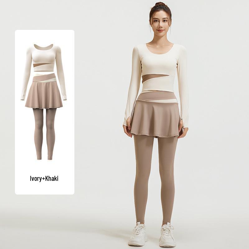 

Женский осенний комплект одежды для йоги: Топ с длинным рукавом и нагрудной вставкой, юбка откровенной длины и брюки для бега и фитнеса M