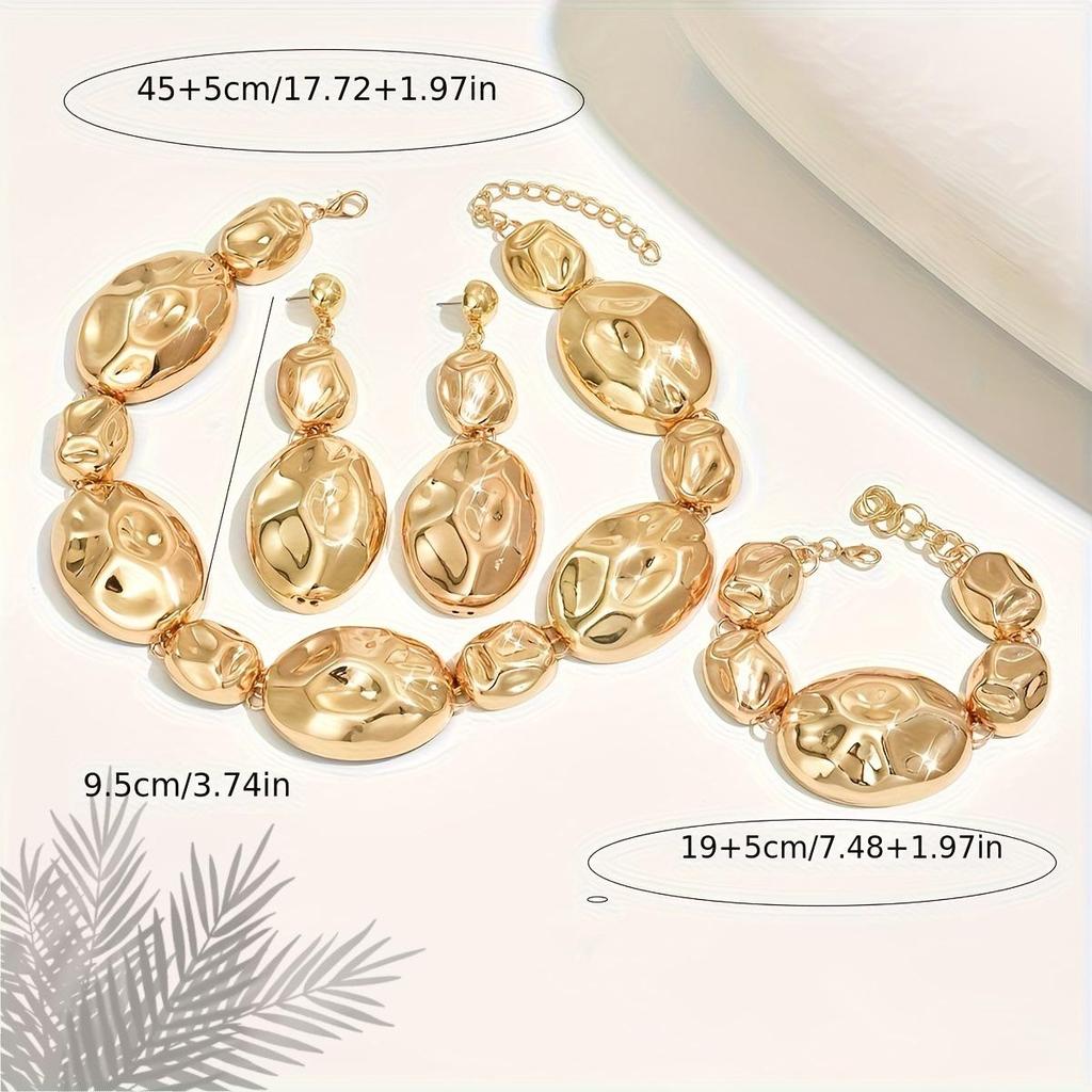 Trendy Clavicle Jewelry Set: Shiny Metal Pleated Earrings, Bracelet, Necklace & Pendant