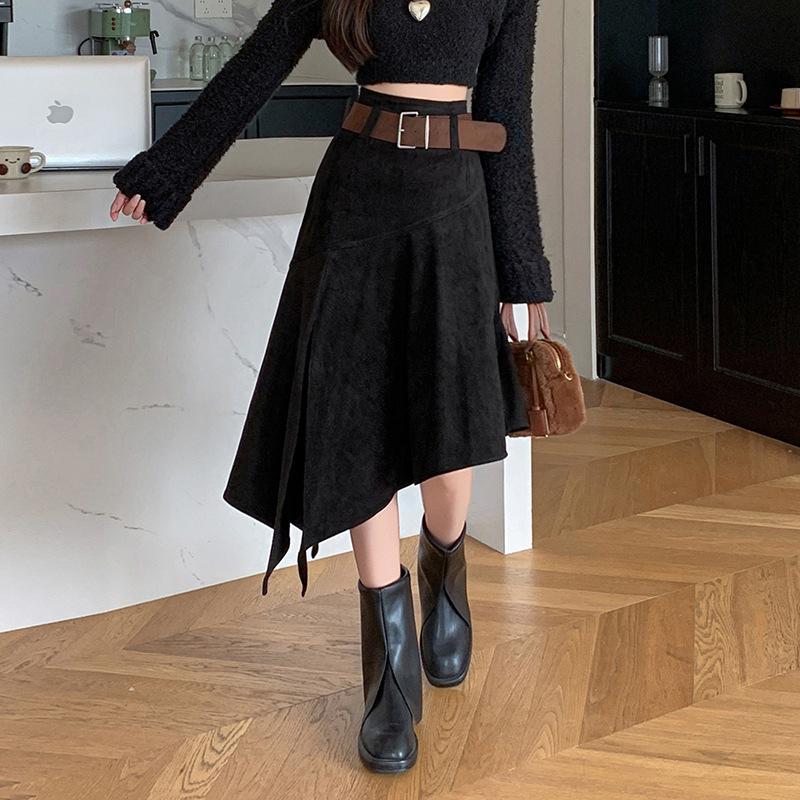 Elegant Suede Midi Skirt with Irregular Slit - Women's Autumn/Winter Fashion