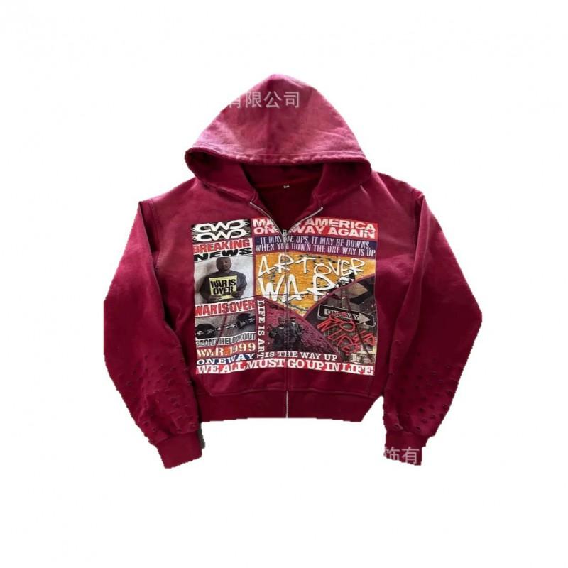2026 Retro Print Zip-Up Hoodie Unisex Streetwear Oversized Casual Sweatshirt Teens Adults