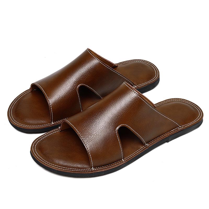 Summer Mens Flat Narrow Leather Slippers Slides Slip On Sandals Casual Shoes Anti-skid Indoor Outdoor Best Gifts For Men