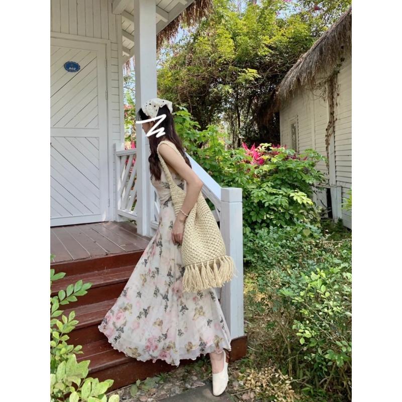 French Vintage Floral Sling Dress Summer Tight Waist Women's Seaside Holiday Beach Long Dress