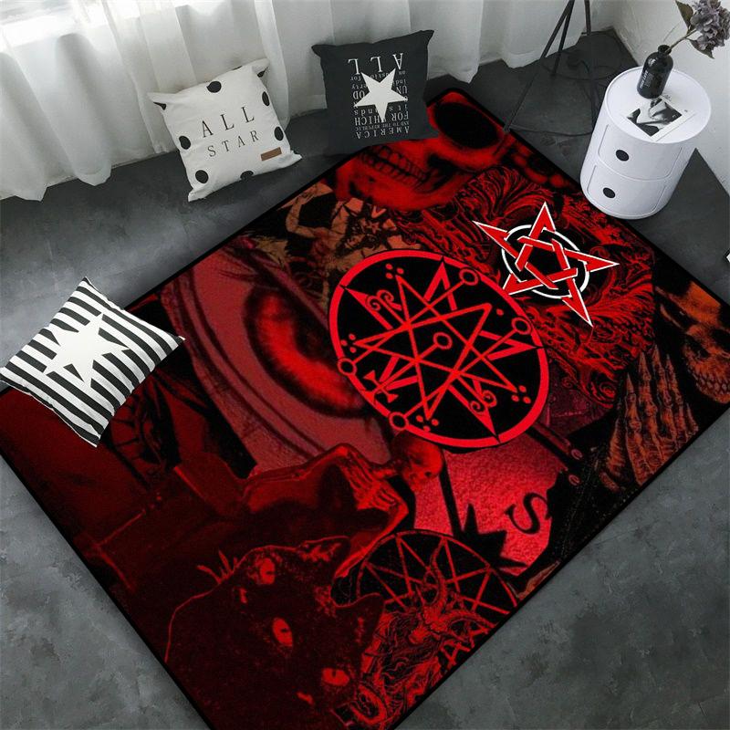 Schädel Baphomet Ziegen Dämon Raserei Bereichsteppich Blutrot-Baphomet Teppich-Baphomet Dekor-Satanische Matte-Satanische Heimdekoration