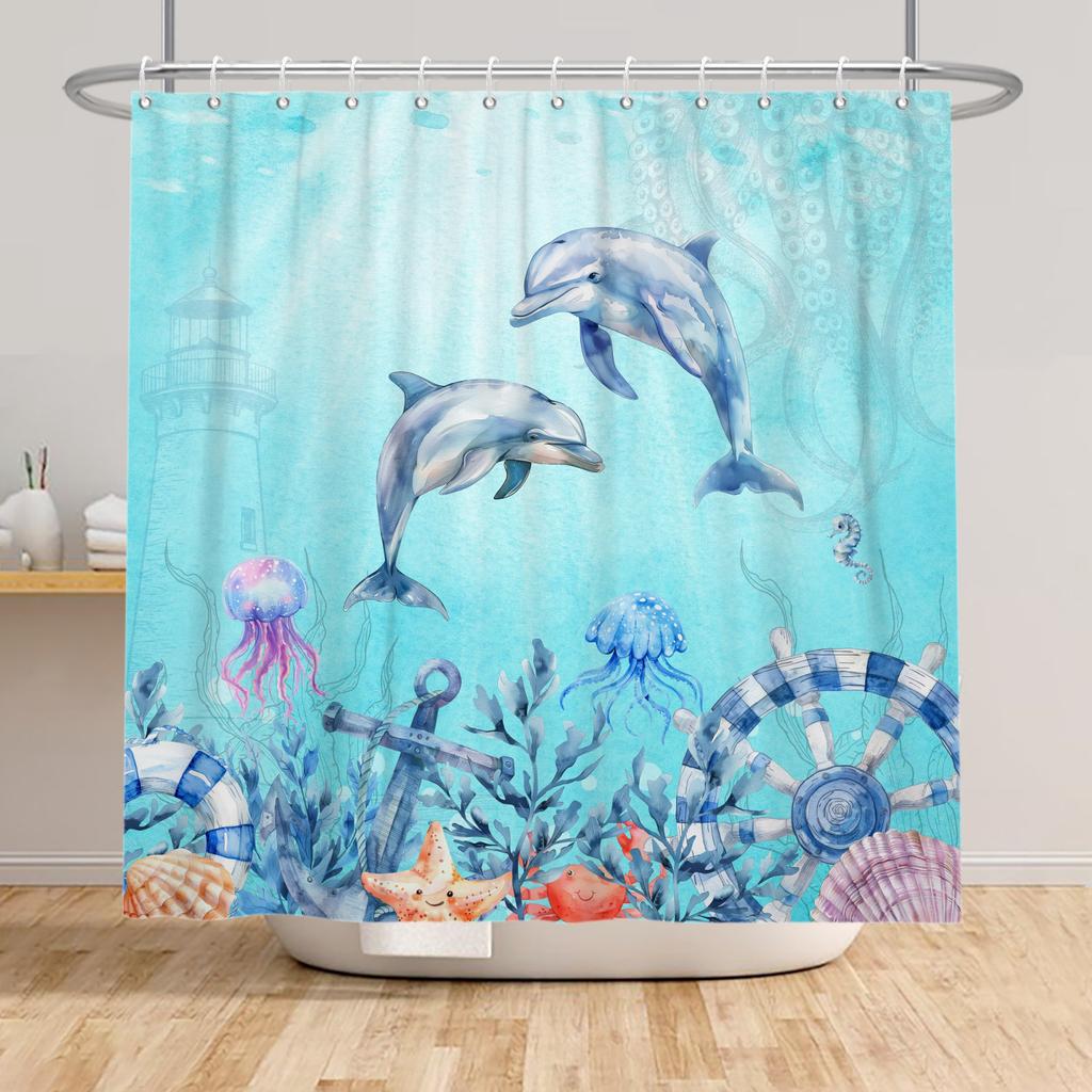 Ocean Theme Shower Curtain Underwater Marine Animal Patterns Sea Turtle Dolphin Whale Jellyfish Print Waterproof Bathroom Decor