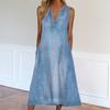 Denim Dress V-neck Sleeveless Casual Loose Hem Mid-calf Length Dressing Up Breathable Women
