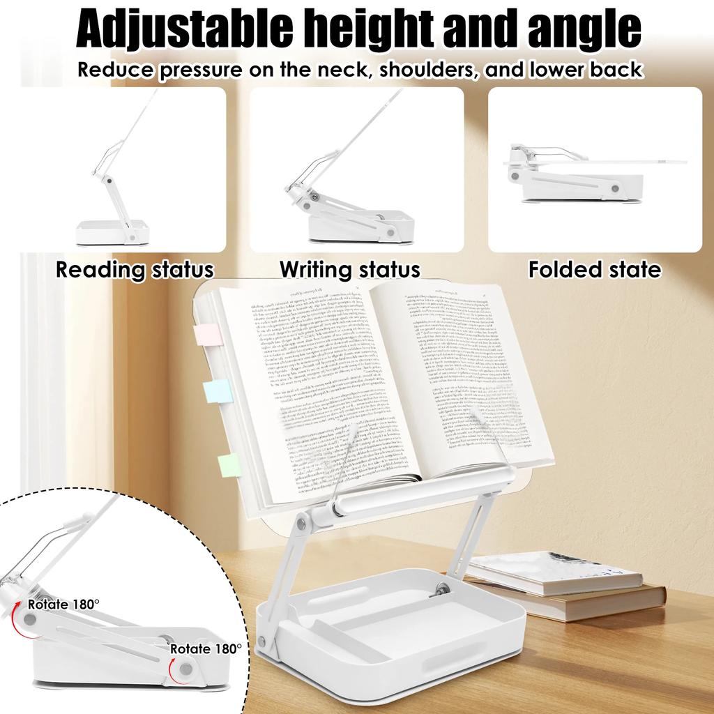 Transparent Book Stand Height Adjustable Book Holder with Storage and 360° Adjustable Base Foldable Tablet Laptop Reading Stand