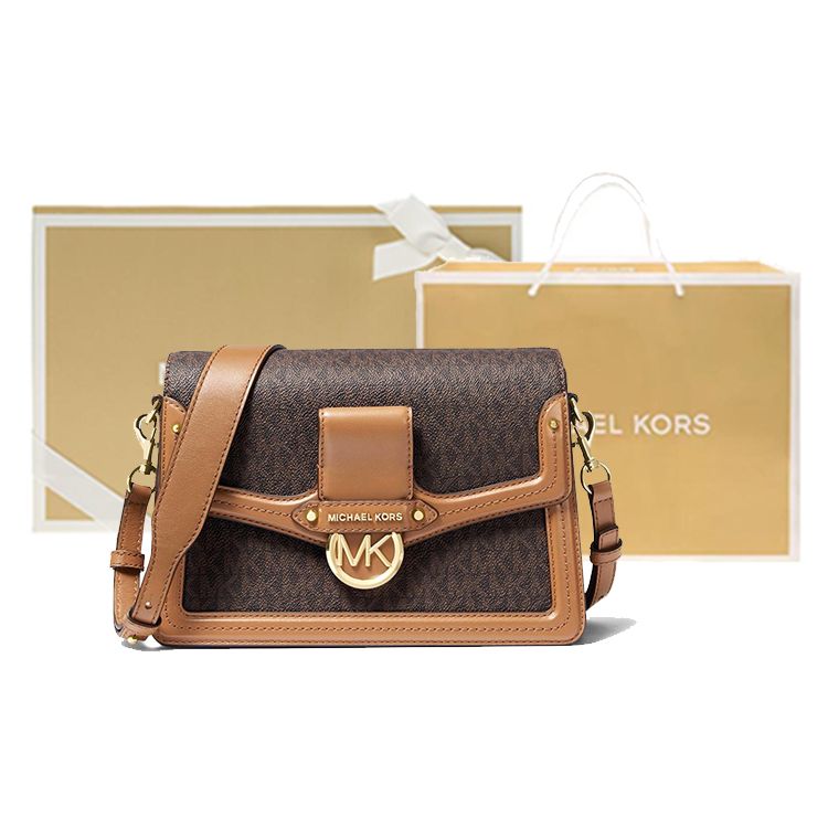Michael Kors Mk Jessie Vintage Monogram Color Block Flap Letter Logo Leather Messenger Bag Women Bags Acorn-Brown 30F9GI6L2B-252