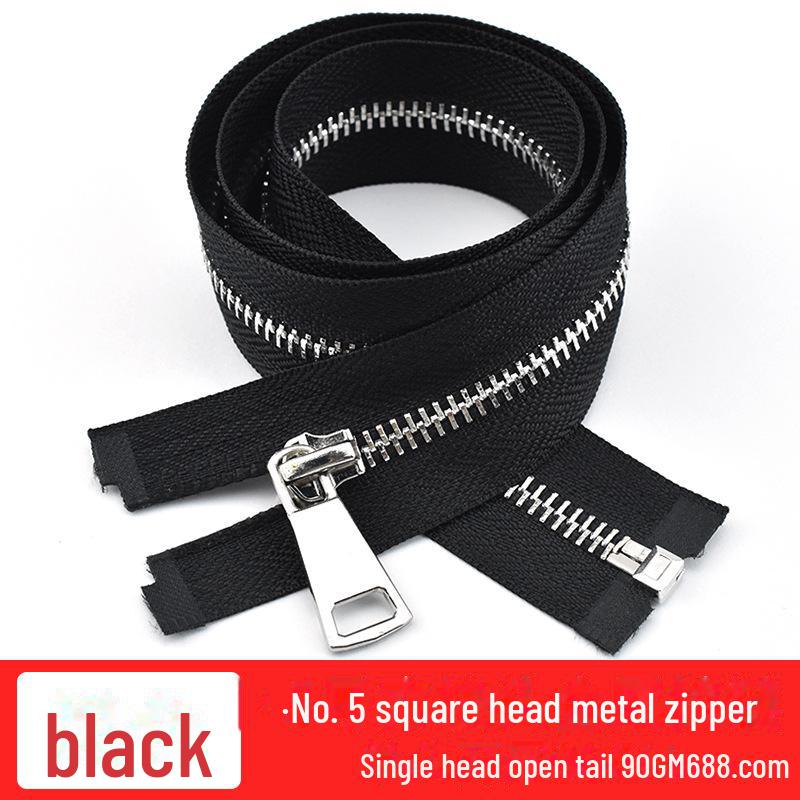 12-100cm Black Metal Copper Zipper No. 5, Double-Ended with Silver Teeth for Leather Jackets