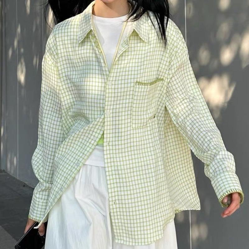 

Checkered Design Women s Shirt Loose Turndown Collar Single Breasted Chest Pocket Famale Blouse Spring Fashion Fresh Ladies Long Sleeved Top M