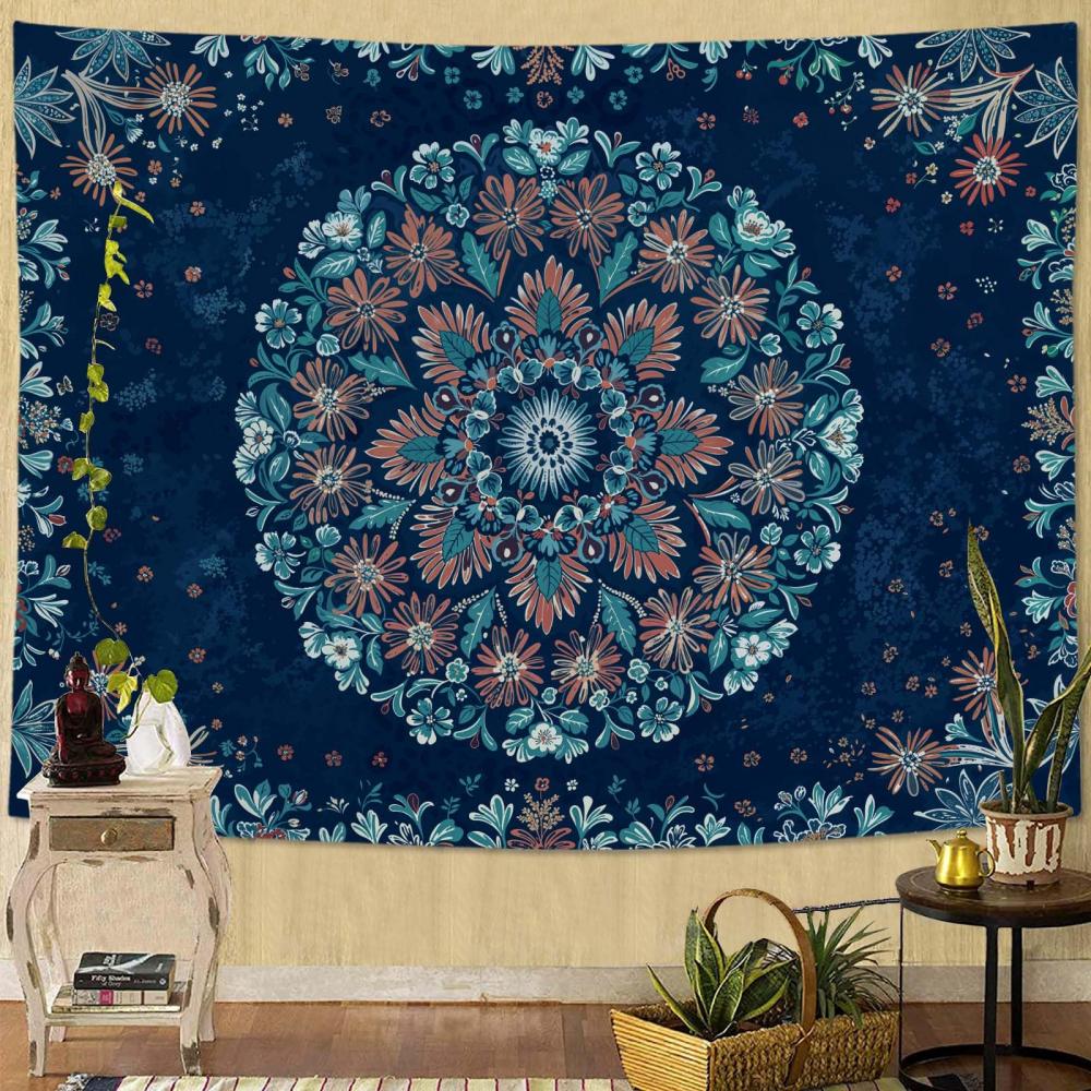 VIKAMA Navy Blue Floral Mandala Tapestry Bohemian Ethnic Style Wall Hanging for Bedroom Living Room Homestay Decor