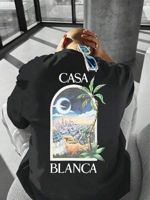 Men's Summer Casual Graphic T Shirt - Crew Neck Casa Blanca Print, Moroccan Arches and Cityscape Design