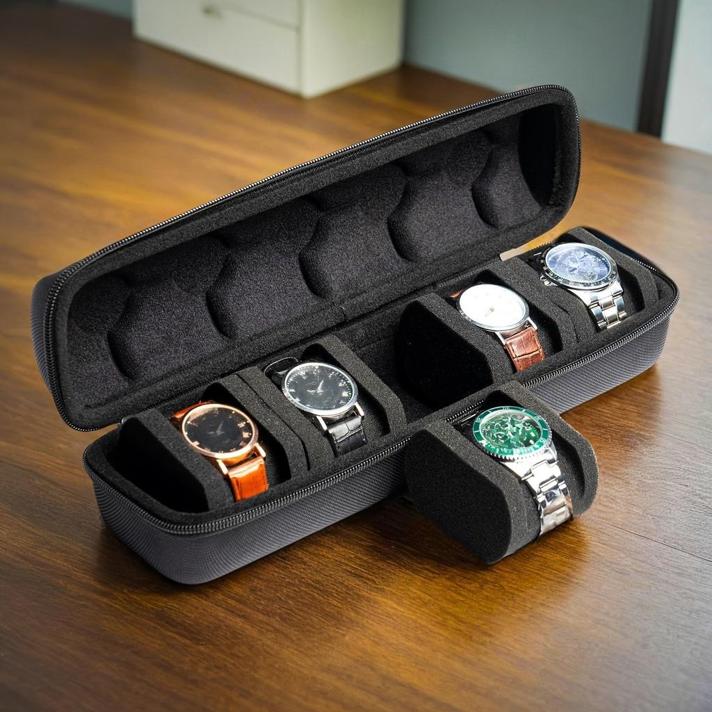 1pc 5 Slots Watch Box Case, Watch Storage Organizer Box, Hardshell Watch Travel Case for Men and Women's Watches, with Soft Foam Pillow and Handle