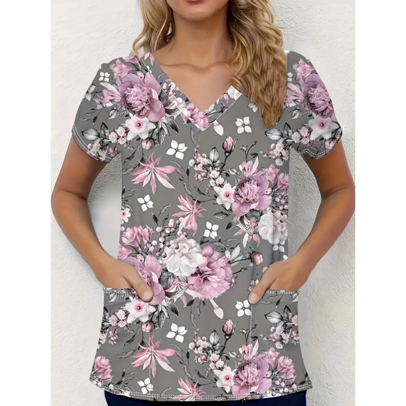 Dámské vintage květinové chirurgické haleny s krátkým rukávem a výstřihem do V, uniforma pro zdravotní sestry s kapsami, tričko, pracovní topy pro sestry