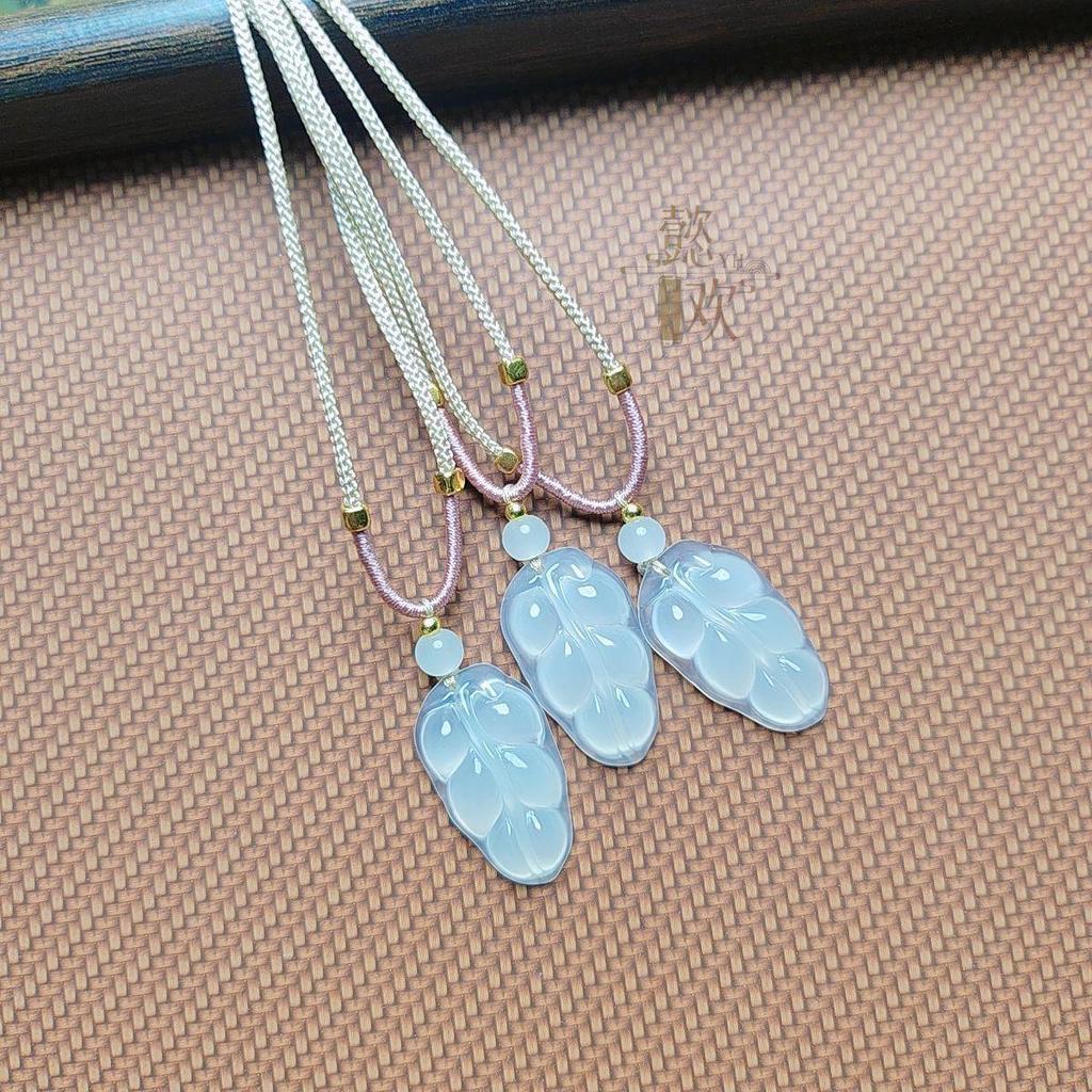 White Chalcedony Agate Pendant Necklace with Golden Branch and Jade Leaf Design