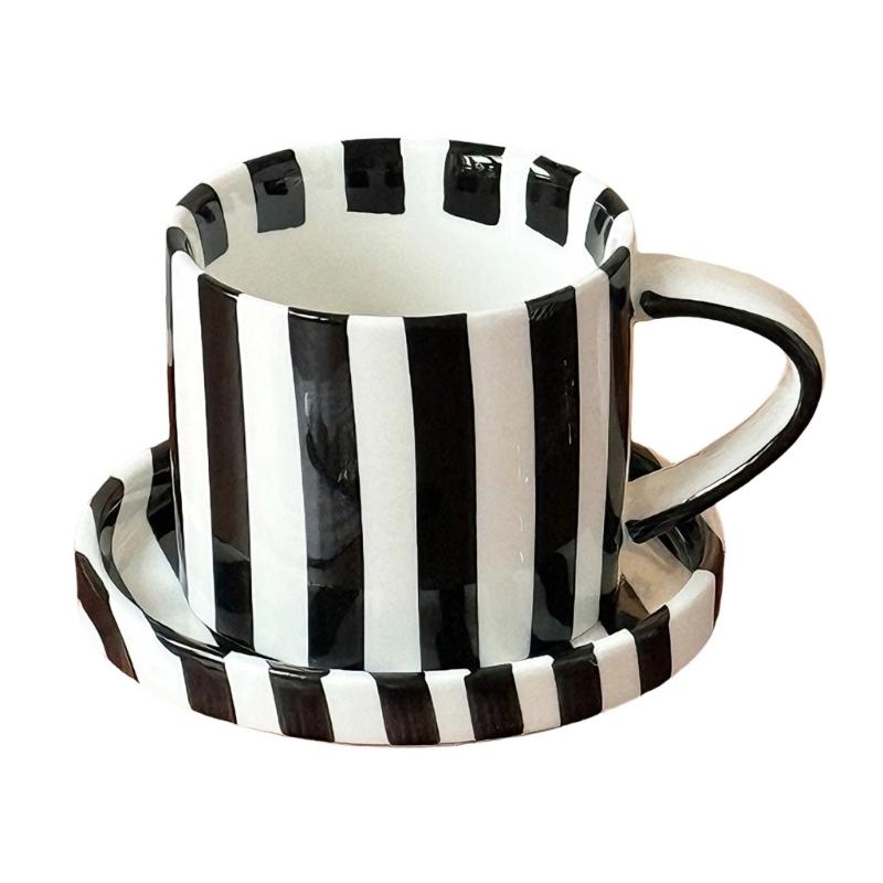

Striped Ceramic Coffee Cup and Saucer Set 5Inch Elegant Pattern for Daily Beverages Ergonomic Grip Designs чорний