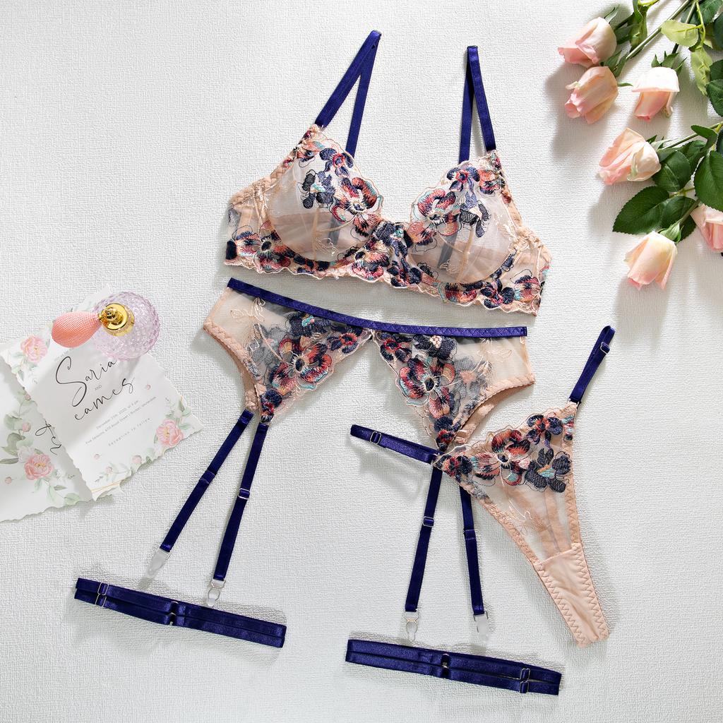 InstaBay Sexy Mesh Transparent Embroidery 3 Piece Sets Fancy Beautiful Skin Care Underwear Kits Erotic Intimate Suit With Garter
