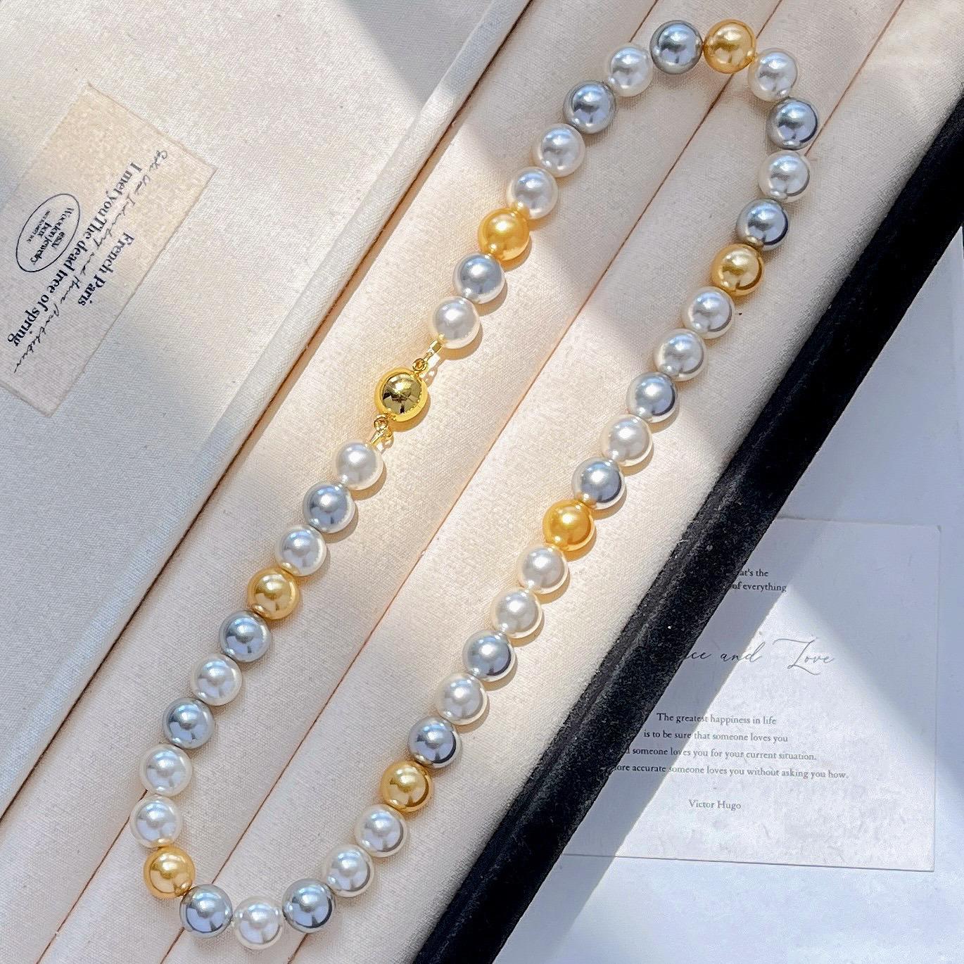 10Mm Autumn/Winter Maillard Mixed Color Tahitian Artificial Crystal Pearl Necklace Clavicle Chain