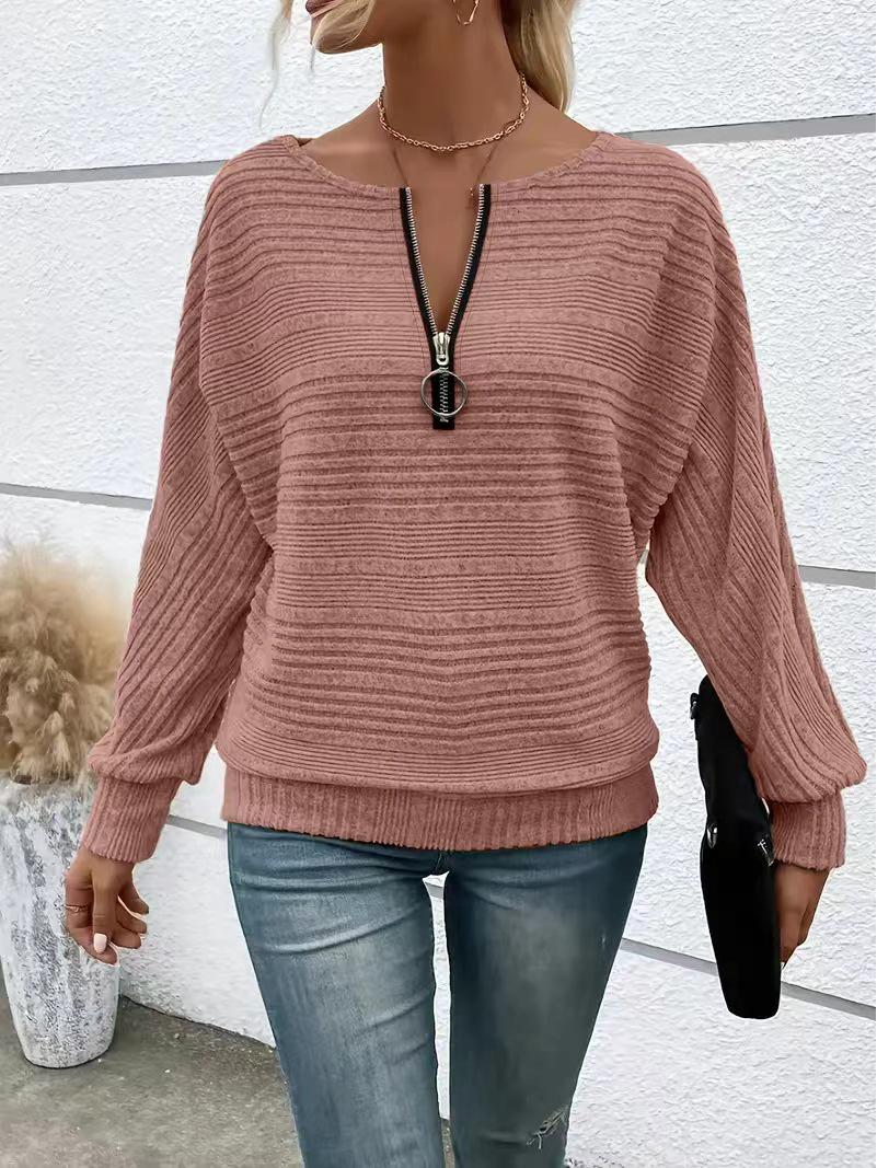 

2025 Women s Casual Solid Color Long Sleeve Zipper Pullover Top Extra Large рожевий