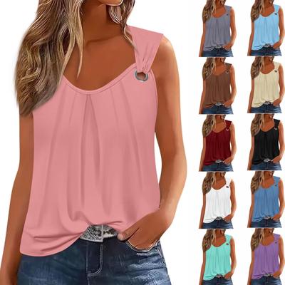 Summer Womens Tank Tops U Neck Casual Flowy Sleeveless Shirts Casual Loose Fit Pleated Tshirts Tees Ladies Blouse