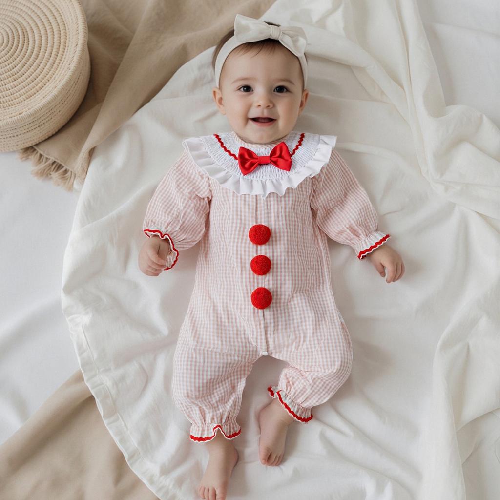 Baby Girls Plaid Romper Fashionable Round Neck Long Sleeve Christmas Bubble Jumpsuit