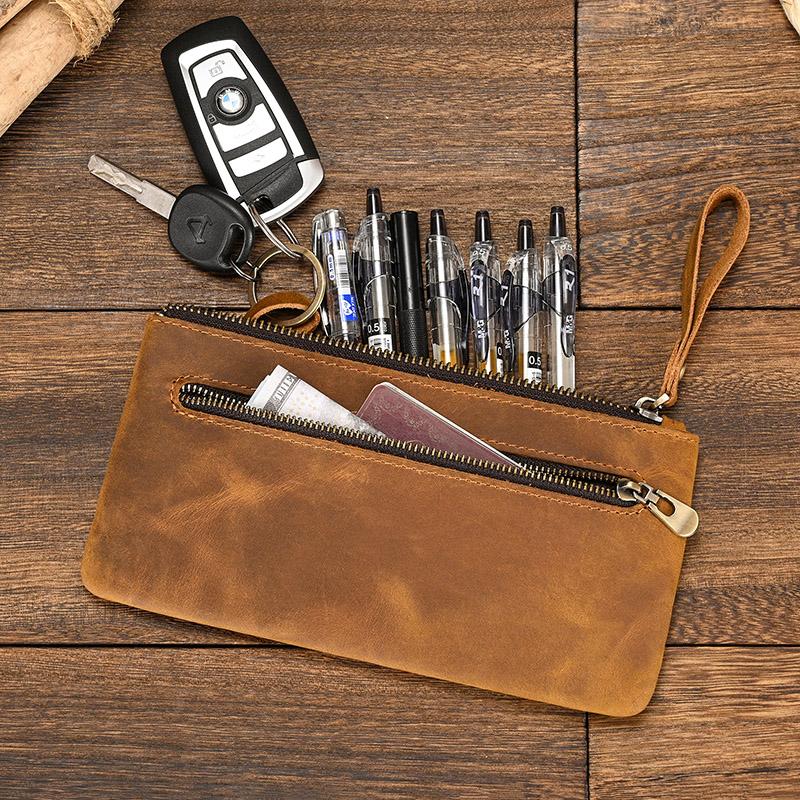 Crazy Horse Leather Zipper Wallet Simple Style Coin Purse With Key Chain For Car Key Purse Genuine Leather Men Women Coin Bag