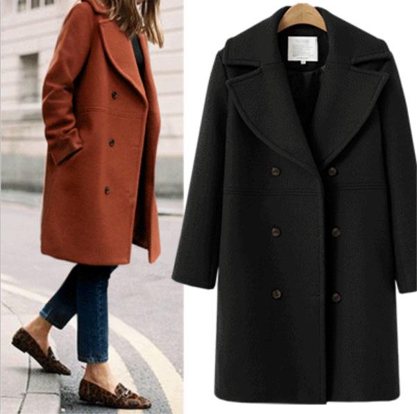 European & American Large Size Women's Double-Breasted Woolen Coat, Medium-Length Trench for Autumn & Winter