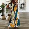 Women Plus Size V Neck Short Sleeve Geometric Printed Straight Long Dress