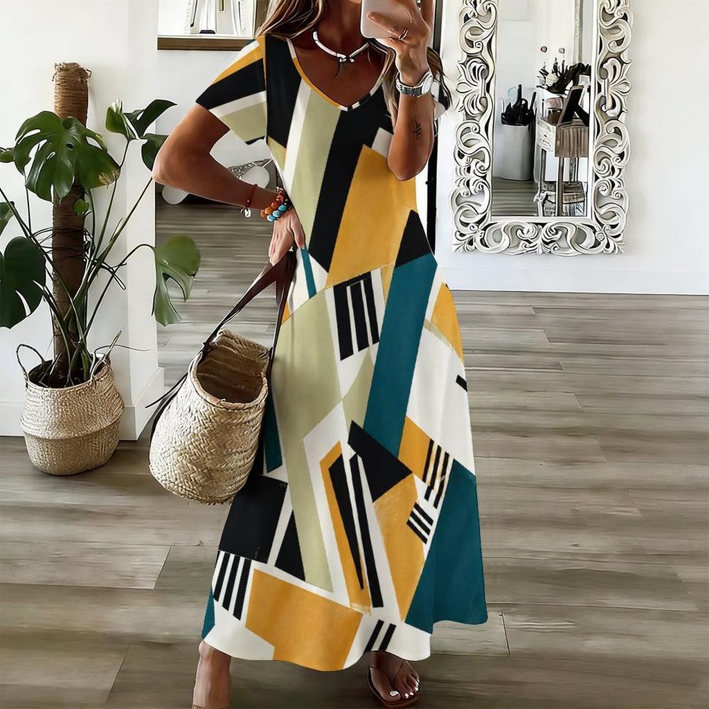 Women Plus Size V Neck Short Sleeve Geometric Printed Straight Long Dress