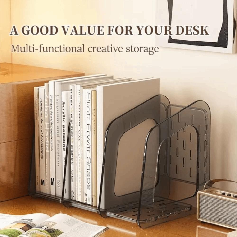 3-Section Transparent Book Stand Acrylic Stationery Shelf Magazine Rack Document Organization