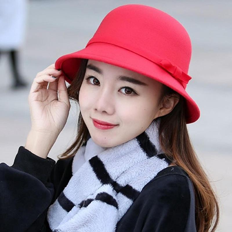 Autumn Winter French Bow Bucket Hat Women Sweet Felt Hat With Folded Shape