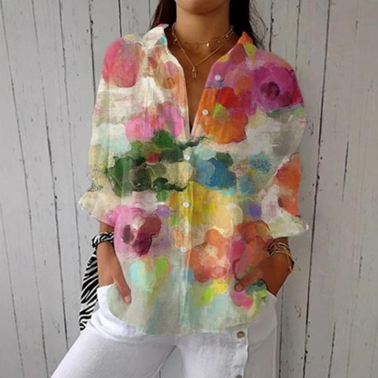 Women Shirt Lapel Long Sleeve Buttons Placket Shirt Tops Loose Fit Mid-length Summer Floral Shirt Lightweight Casual Tops