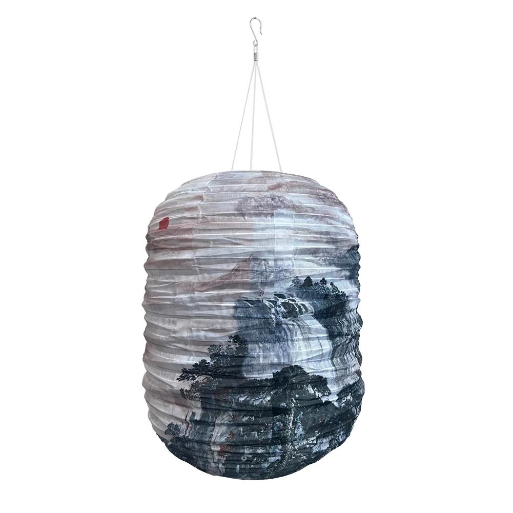 Solar Powered Print Hanging Lantern Nylon Cloth Traditional Decorative Lamp Lantern Atmosphere Light New Year Holiday Decoration