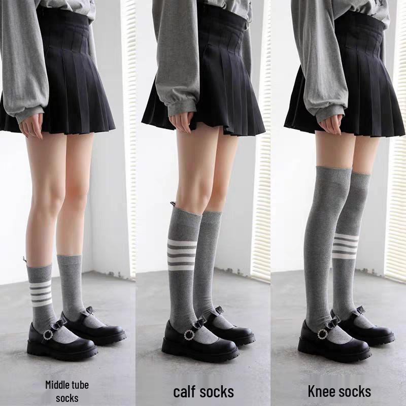 TB Four-Bar Grey Mid-Calf Cotton Women's Japanese Trendy Spring/Summer College Style Socks